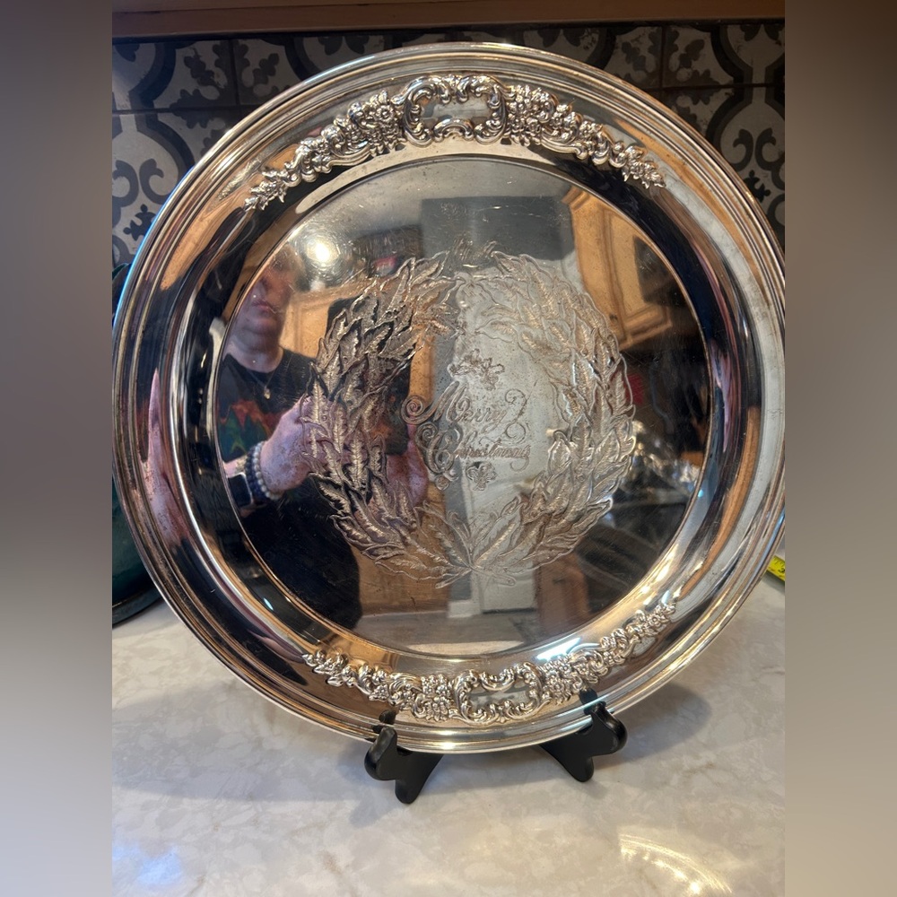 Vintage 1980s Elegant Silver Engraved Decorative Tray- “Merry Christmas”
